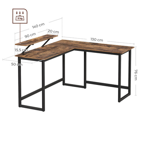 Rootz L-Shaped Desk with Screen Stand for Studying, Gaming, Working - Adjustable Legs - Metal Frame - Rustic Brown - (140 x 130 x 76/91.5 cm)