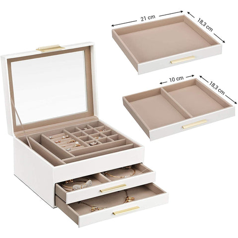 Rootz Jewelery box - Jewelery box - Glass - 3 Levels - 2 Drawers - White - 23.1 x 20.3 x 13.5 cm
