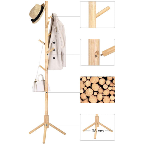 Rootz Coat Rack - Freestanding - Solid Wood - Tree Shaped - 8 Hooks - Natural Color - 47 x 47 x 175 cm