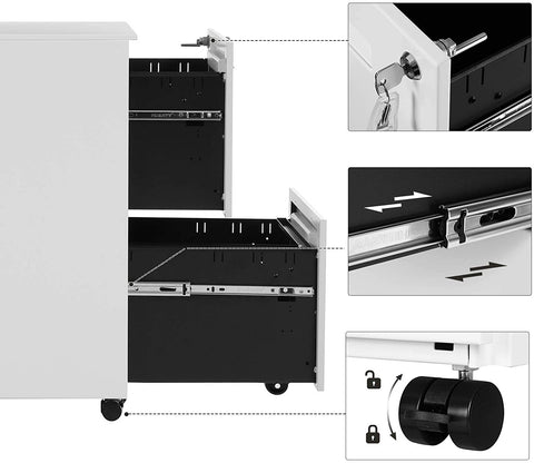 Rootz Drawer Unit - Filing Cabinet - On Wheels - 2 Drawers - Lock - White - Metal - 39 x 45 x 69.5 cm