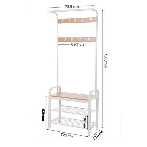Rootz Standing Wardrobe Rack with Coat Rack - Shoe Rack and Bench - Vintage Industrial - Coat Racks - Beige / White - 72 x 33.7 x 183 cm