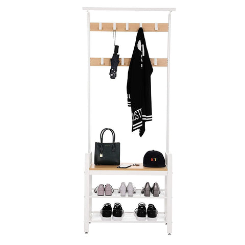 Rootz Standing Wardrobe Rack with Coat Rack - Shoe Rack and Bench - Vintage Industrial - Coat Racks - Beige / White - 72 x 33.7 x 183 cm