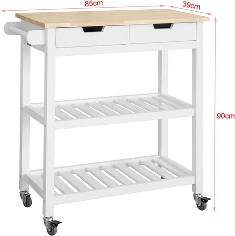 Rootz Kitchen Storage Trolley Serving Trolley Kitchen Shelf with Rubber Wood Top 2 Drawers 2 Shelves
