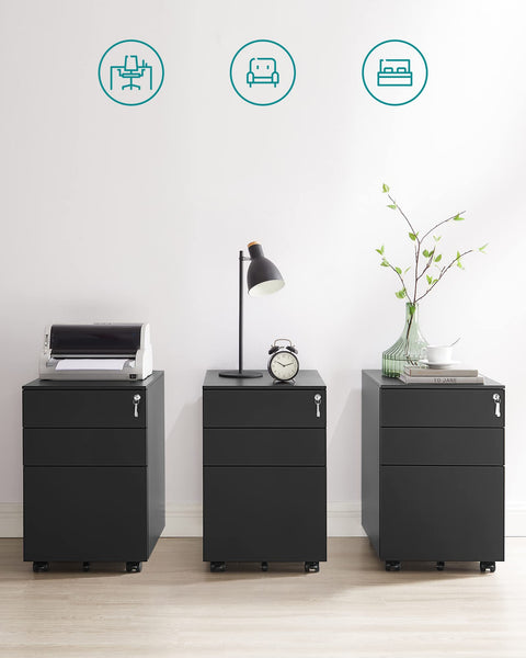 Rootz Steel Rolling Cabinet with 3 Drawers - Hanging File Lockable Office Cabinet - 52 x 39 x 60 cm