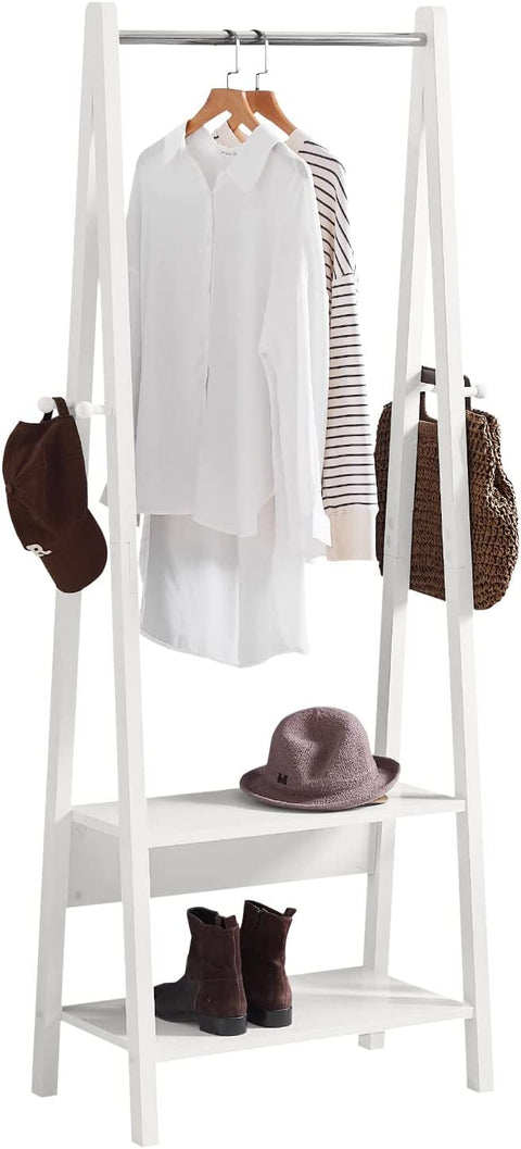 Rootz White Modern Clothes Rail Stand Rack with Two Storage Shelves - Wood Coat Rack Hanging Rail - W66 x D39 x H180cm