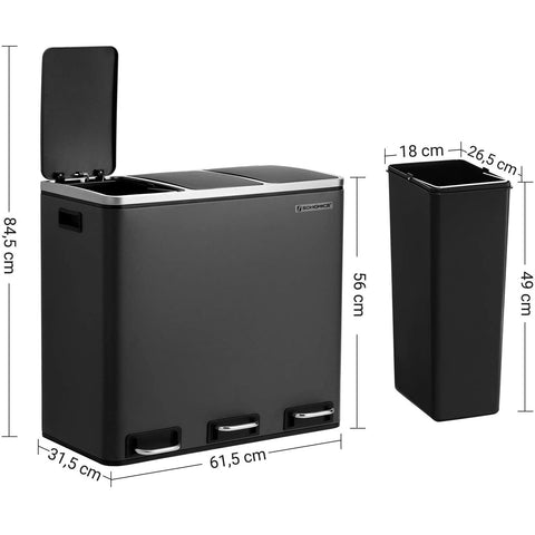 Rootz 54L Trash Can - Pedal Bin - Recycling - 3 Compartments - Soft-Close - Inner Bins - Carrying Handles - 61.5 x 31.5 x 56 cm - Black