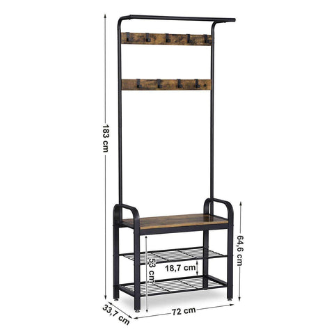 Rootz Standing Wardrobe Rack with Coat Rack - Shoe Rack and Bench - Vintage Industrial - Coat Racks - Brown / Black - 72 x 33.7 x 183 cm