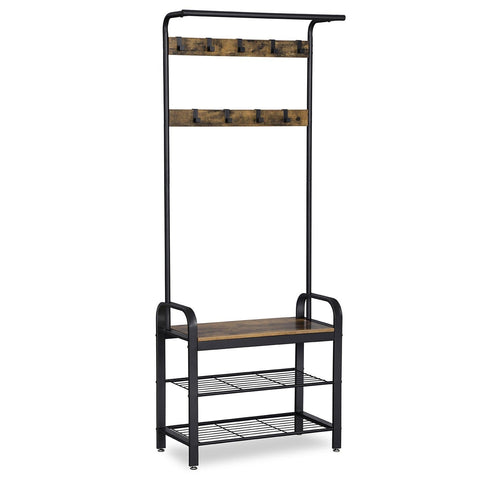 Rootz Standing Wardrobe Rack with Coat Rack - Shoe Rack and Bench - Vintage Industrial - Coat Racks - Brown / Black - 72 x 33.7 x 183 cm