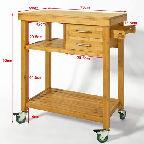 Rootz Bamboo Kitchen Trolley Cart - Storage Trolley Serving - Trolley with 2 Drawers and Shelves