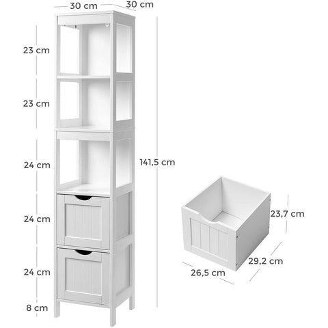 Rootz Storage Cabinet - Bathroom Cabinet - 2 Drawers - 3 Open Compartments - 30 x 30 x 141.5 cm - White