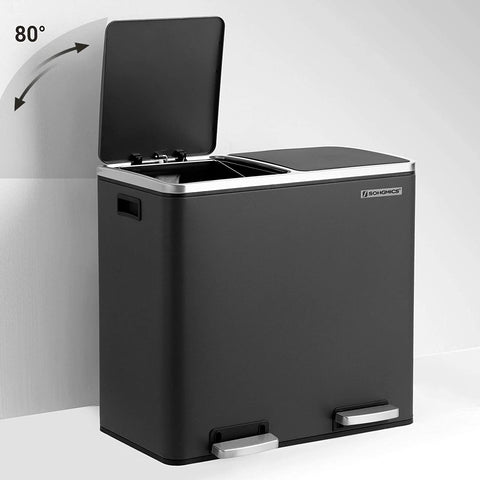 Rootz 48L Trash Can - Garbage Can - Pedal Bin - 2 Compartments - Soft Close - Inner Buckets - Foot Pedals - Handles - Black