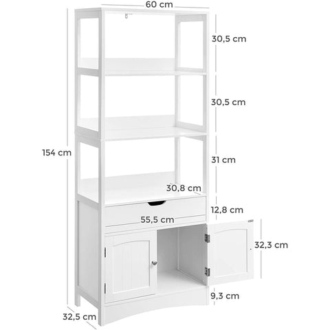 Rootz Storage Cabinet - High Cabinet - Bathroom Cabinet - 3 Open Compartments - 1 Drawer - 2 Doors - White - 60 x 32.5 x 154 cm