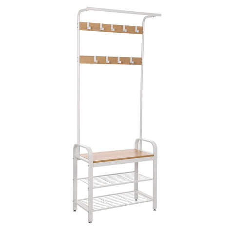 Rootz Standing Wardrobe Rack with Coat Rack - Shoe Rack and Bench - Vintage Industrial - Coat Racks - Beige / White - 72 x 33.7 x 183 cm