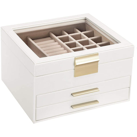 Rootz Jewelery box - Jewelery box - Glass - 3 Levels - 2 Drawers - White - 23.1 x 20.3 x 13.5 cm