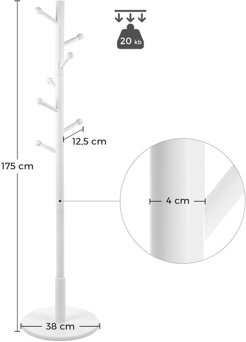 Rootz Coat Rack - Freestanding - 7 Hooks - Rounded Hooks - Solid Rubber Wood - White 38 x 38 x 175 cm