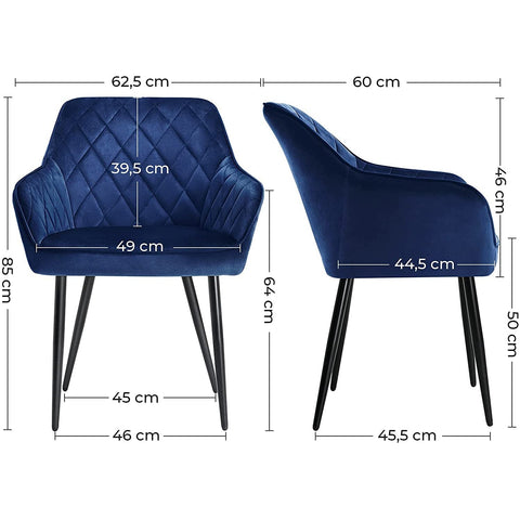 Rootz Dining Chairs - Set Of 2 - Kitchen Chairs - Upholstered - Velvet - Metal - Gray / Blue - 62.5 x 60 x 85 cm