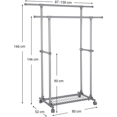 Rootz Clothes rack on wheels - Extendable coat rack with double rod - Mobile - Clothes racks - Max. load 70 kg - (87-150) x 52 x 166 cm - Grey