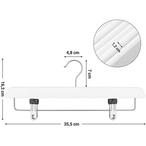 Rootz Clothes Hangers - Trouser Hangers - Set Of 8 - Solid Wood - Anti-Slip - Swivel Hook - Adjustable Clips - White - 35.5 x 1.1 x 16.2 cm