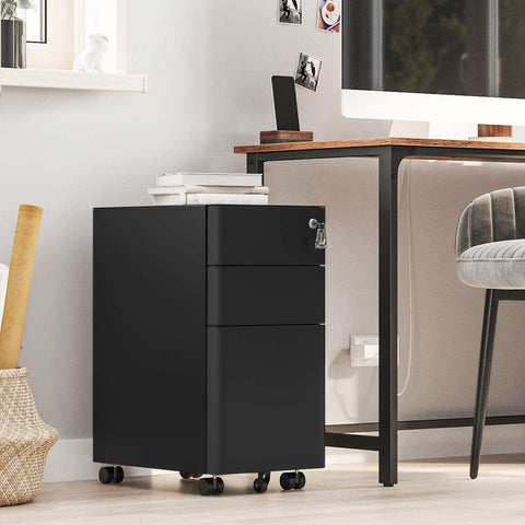 Rootz Scottsbluff File Cabinet - Roll Container - Drawer Cabinet - Wheels - Lock - Documents - Letter Format - Suspension File - Black - Steel - 30 x 46 x 59.2 cm