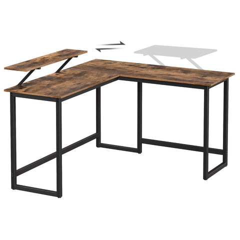 Rootz L-Shaped Desk with Screen Stand for Studying, Gaming, Working - Adjustable Legs - Metal Frame - Rustic Brown - (140 x 130 x 76/91.5 cm)