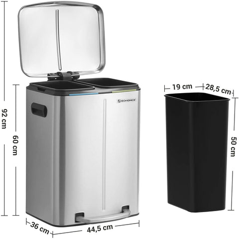 Rootz Trash Can - Waste Separation - 40 L - Pedal Bin - Metal - Handles - Softclose - Silver - 44.5 x 36 x 60 cm