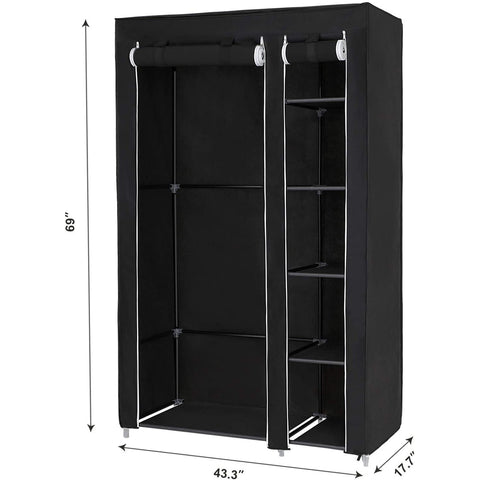 Rootz Wardrobe - Double Canvas Wardrobe - Foldable Wardrobe Closet - With Clothes Hanging Rail And Storage Shelves - Fabric Hanging Closet & Shelf - Wardrobe - Black