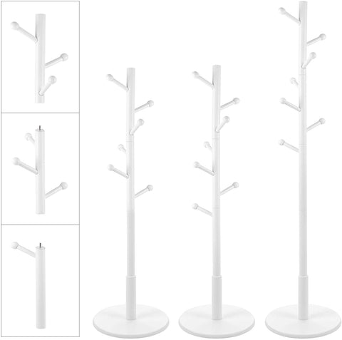 Rootz Coat Rack - Freestanding - 7 Hooks - Rounded Hooks - Solid Rubber Wood - White 38 x 38 x 175 cm