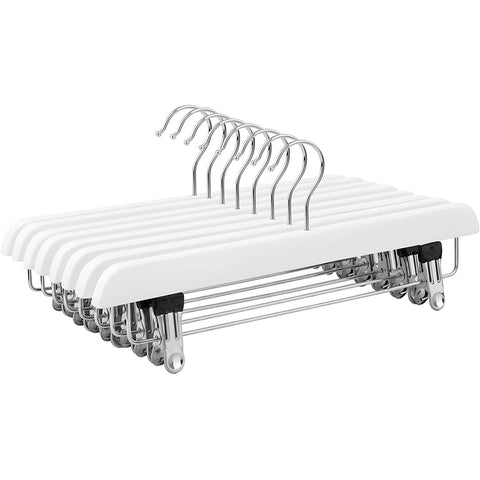 Rootz Clothes Hangers - Trouser Hangers - Set Of 8 - Solid Wood - Anti-Slip - Swivel Hook - Adjustable Clips - White - 35.5 x 1.1 x 16.2 cm