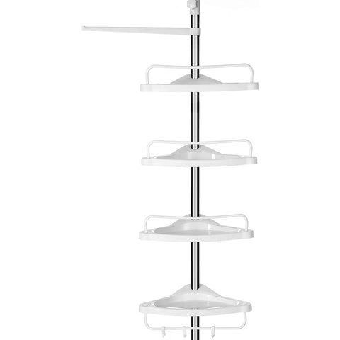 Rootz Shower Rack - Shower Shelf - Bathroom Shelf - Adjustable Height - Corner - 95-300 cm - Stainless Steel - 4 Levels - 3 Hooks - White-Silver