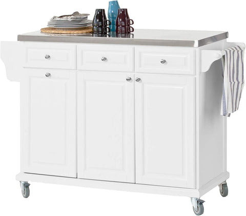 Rootz Luxury Kitchen Trolley with Large Storage Cabinet - Kitchen Island with Stainless Steel Worktop