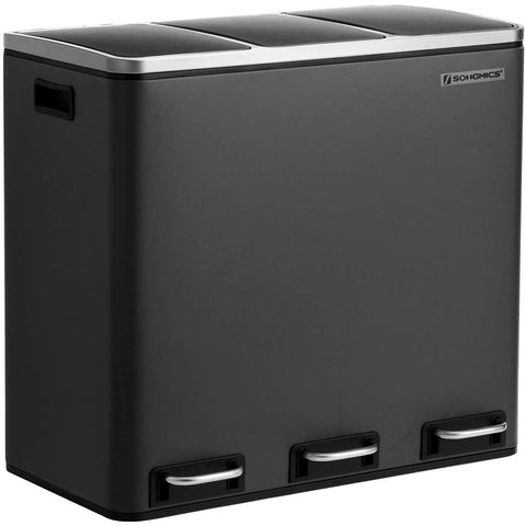Rootz 54L Trash Can - Pedal Bin - Recycling - 3 Compartments - Soft-Close - Inner Bins - Carrying Handles - 61.5 x 31.5 x 56 cm - Black