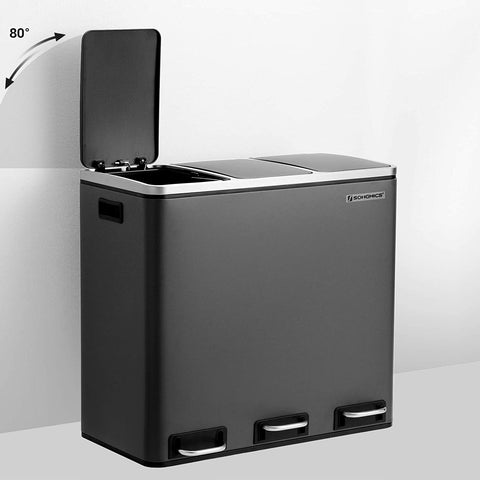 Rootz 54L Trash Can - Pedal Bin - Recycling - 3 Compartments - Soft-Close - Inner Bins - Carrying Handles - 61.5 x 31.5 x 56 cm - Black