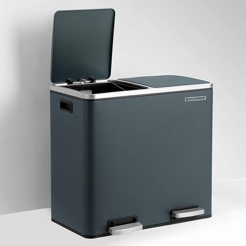 Rootz 48L Trash Can - Garbage Can - Pedal Bin - 2 Compartments - Soft Close - Inner Buckets - Foot Pedals - Handles - Black
