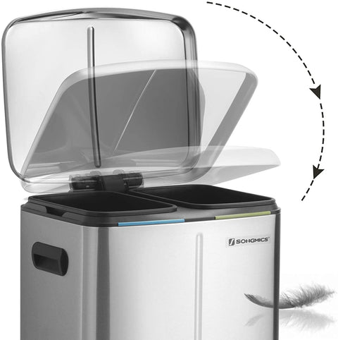 Rootz Trash Can - Waste Separation - 40 L - Pedal Bin - Metal - Handles - Softclose - Silver - 44.5 x 36 x 60 cm