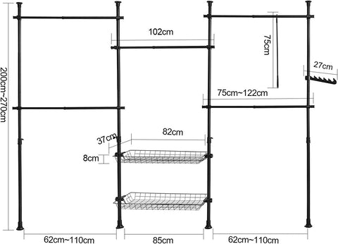 Rootz Adjustable Wardrobe Organizer - Clothes Shelf System Hanging Rail - Telescopic Storage Shelving