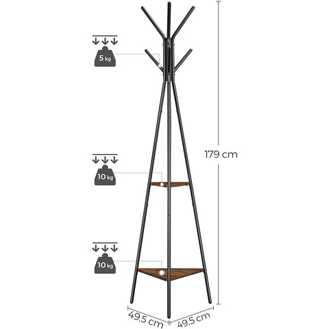 Rootz Coat Rack - Tree Shape - Industrial - 2 Shelves - 5 Hooks - Standing Coat Rack - Brown - Black