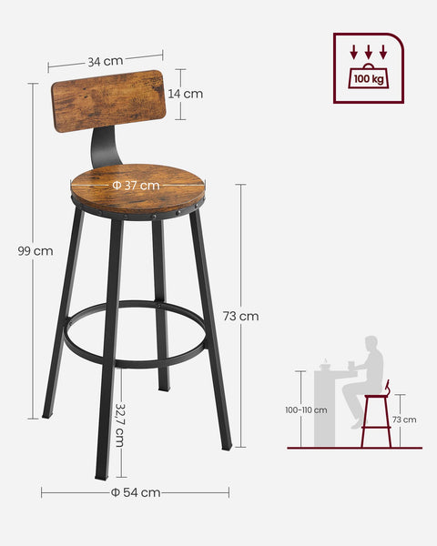 Rootz Bar Stools - Kitchen Stools - Set of 2 Tall Bar Chairs with Backrest - Steel Frame - Industrial - 73 cm High Seat