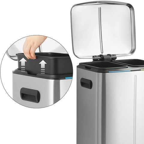 Rootz Trash Can - Waste Separation - 40 L - Pedal Bin - Metal - Handles - Softclose - Silver - 44.5 x 36 x 60 cm