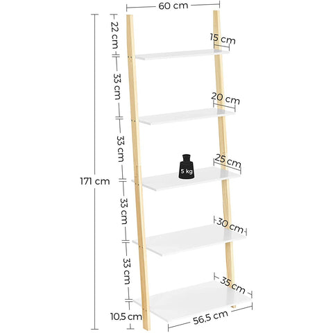 Rootz Ladder Cabinet - Bookcase - Ladder Shelf - 5 Levels - 60 x 35 x 171 cm - Solid Wood Frame - Matt White - Natural