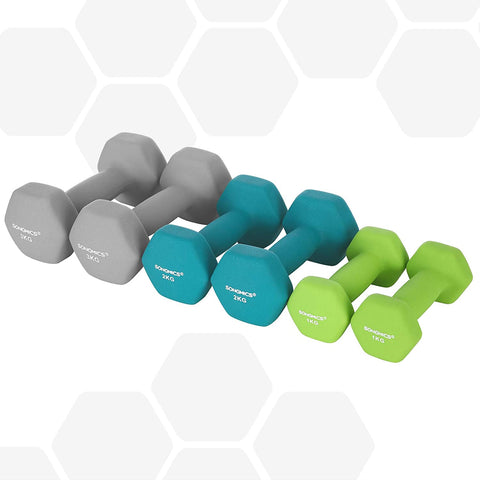 Rootz Dumbells Set - Dumbbells - Hexagonal - Dumbbell Rack - 1 kg - 2 kg - 3 kg - Strength Training - Lime Green - Aquamarine - Light Gray