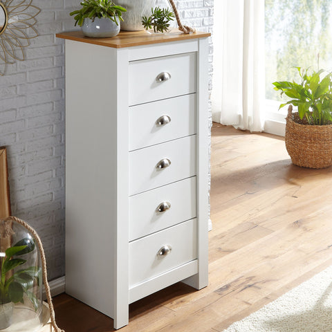 Rootz Sideboard - Tall Narrow Design with 5 Drawers - Stylish Chest of Drawers for Living Room - Modern White Oak - 53x114x39 cm