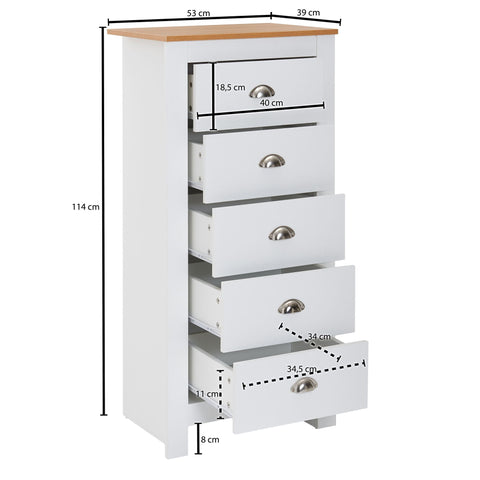 Rootz Sideboard - Tall Narrow Design with 5 Drawers - Stylish Chest of Drawers for Living Room - Modern White Oak - 53x114x39 cm