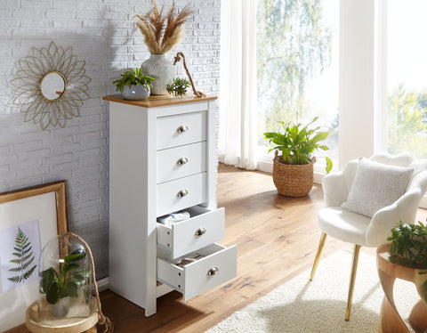 Rootz Sideboard - Tall Narrow Design with 5 Drawers - Stylish Chest of Drawers for Living Room - Modern White Oak - 53x114x39 cm