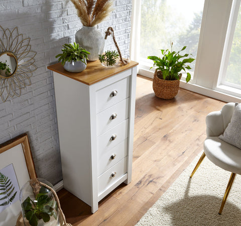 Rootz Sideboard - Tall Narrow Design with 5 Drawers - Stylish Chest of Drawers for Living Room - Modern White Oak - 53x114x39 cm