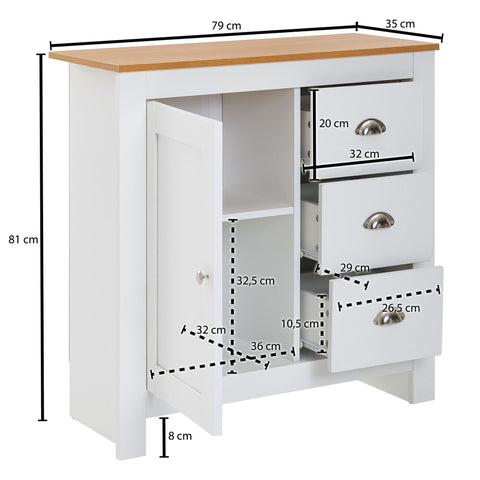 Rootz Sideboard with 3 Drawers - Modern Design High Sideboard with Door - Living Room Chest of Drawers - White Oak - 79x81x35 cm