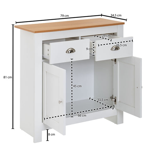 Rootz Sideboard - Modern Chest of Drawers with 2 Drawers - Design High Sideboard with Doors - Living Room Storage - White Oak  - 79x81x34.5 cm
