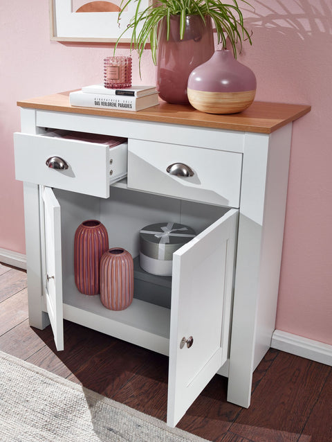 Rootz Sideboard - Modern Chest of Drawers with 2 Drawers - Design High Sideboard with Doors - Living Room Storage - White Oak  - 79x81x34.5 cm