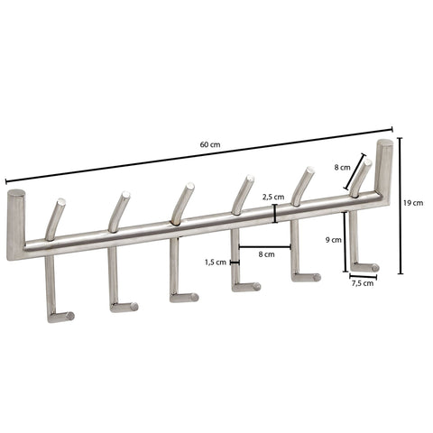 Rootz Wall Coat Rack - Metal Silver - Design Hallway Coat Rack Steel - Wall Panel Hook Rail - Cloakroom Wall - 60x19x10 cm
