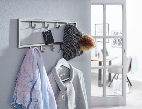 Rootz Silver Metal Wall Coat Rack - Stylish Design for Hallway - Hook Rail Wall Panel - Space-saving Wardrobe Solution - 50x20x4 cm