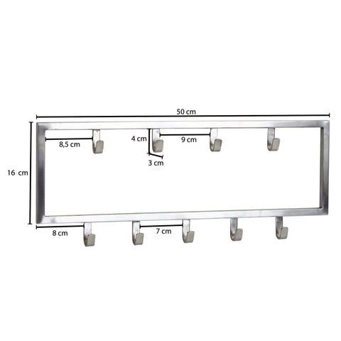 Rootz Silver Metal Wall Coat Rack - Stylish Design for Hallway - Hook Rail Wall Panel - Space-saving Wardrobe Solution - 50x20x4 cm
